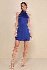 Infinite Admiration Royal Blue Satin Halter Mini Dress