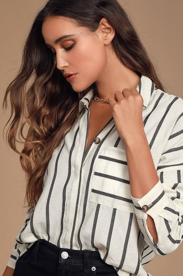 Amelia Dawn Off-White Striped Long Sleeve Button-Up Top