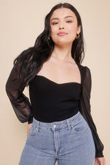 Sensational Sweetheart Black Ribbed Balloon Sleeve Bodysuit