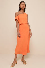 Casual Enchantment Orange Linen Off-the-Shoulder Midi Dress