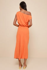 Casual Enchantment Orange Linen Off-the-Shoulder Midi Dress