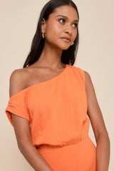 Casual Enchantment Orange Linen Off-the-Shoulder Midi Dress