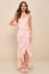 Darling Glow Peach Pink Floral Ruffled High-Low Maxi Dress