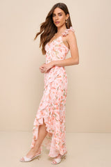 Darling Glow Peach Pink Floral Ruffled High-Low Maxi Dress