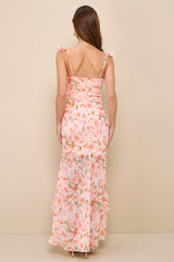 Darling Glow Peach Pink Floral Ruffled High-Low Maxi Dress