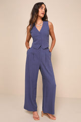 Suits You Perfectly Dark Blue Linen Wide-Leg Pants
