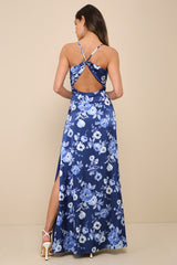 Wondrous Allure Navy Blue Floral Satin Backless Maxi Dress