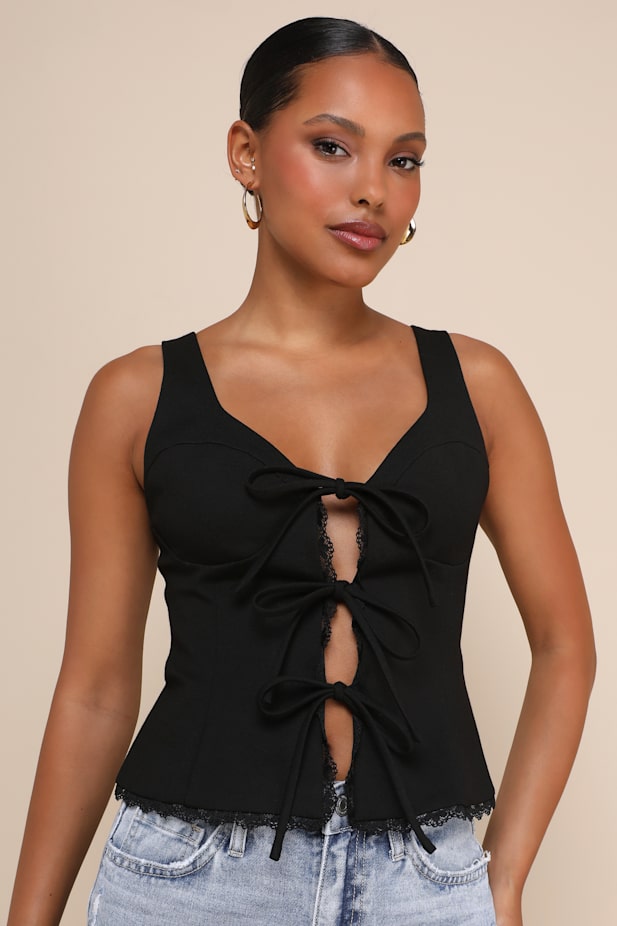 Sweetly Coy Black Sleeveless Bustier Tie-Front Top