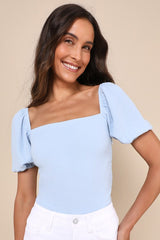 Abundance of Love Blue Textured Puff Sleeve Tie-Back Bodysuit