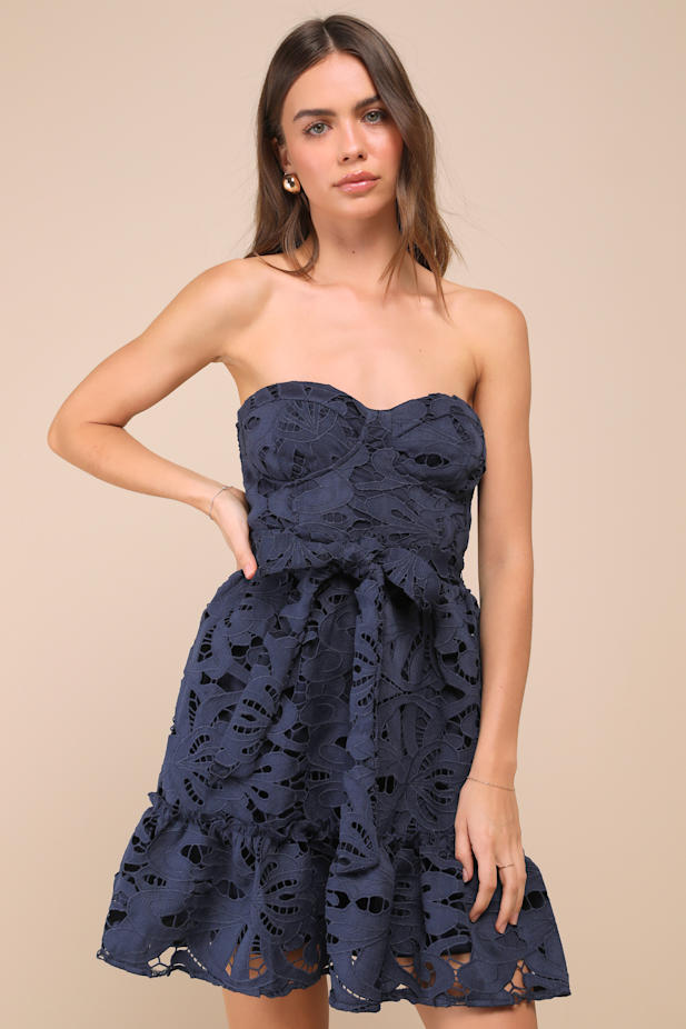 Majorly Cute Navy Blue Crochet Lace Strapless Bustier Mini Dress