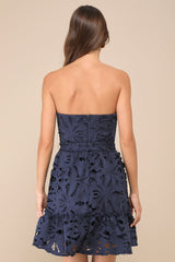 Majorly Cute Navy Blue Crochet Lace Strapless Bustier Mini Dress