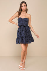 Majorly Cute Navy Blue Crochet Lace Strapless Bustier Mini Dress