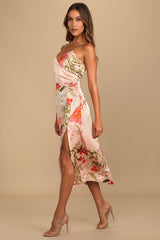 Remarkable Entrance Pink Floral Print Satin Midi Dress