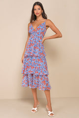 Adorable Obsession Blue Floral Print Lurex Tiered Midi Dress