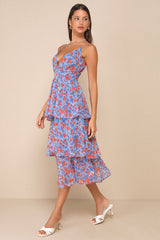 Adorable Obsession Blue Floral Print Lurex Tiered Midi Dress