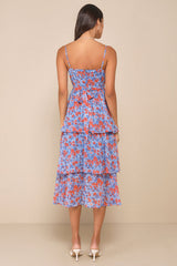 Adorable Obsession Blue Floral Print Lurex Tiered Midi Dress