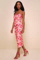 Blossoming Excellence Pink Floral Mesh Ruched Midi Dress