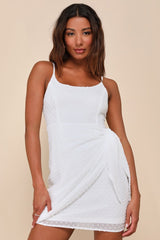 Stole Your Love White Swiss Dot Faux-Wrap Mini Dress