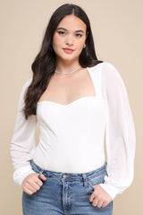 Sensational Sweetheart White Ribbed Balloon Sleeve Bodysuit