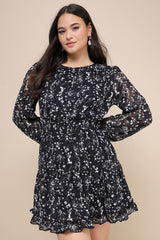 Too Cute Navy Blue Floral Print Smocked Long Sleeve Mini Dress