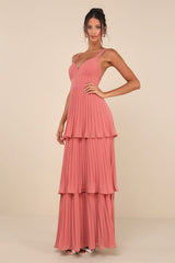Luxe Perfection Rusty Rose Pleated Tiered Backless Maxi Dress