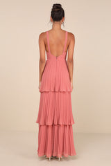 Luxe Perfection Rusty Rose Pleated Tiered Backless Maxi Dress
