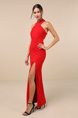 Head to Cocktail Hour Red Halter Neck Maxi Dress