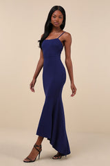 Stunning Enchantment Navy Backless Trumpet Hem Maxi Dress