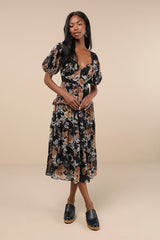 Fawning Favorite Black Floral Lace Tiered Lace-Up Midi Dress