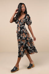 Fawning Favorite Black Floral Lace Tiered Lace-Up Midi Dress