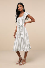 Mediterranean Moves Olive Striped Flutter Sleeve Midi Dress
