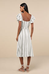 Mediterranean Moves Olive Striped Flutter Sleeve Midi Dress