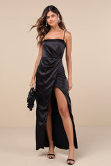 Stunning Expression Black Satin Pleated Tulip Maxi Dress