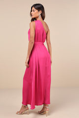 Goddess Aura Fuchsia Satin One-Shoulder Maxi Dress