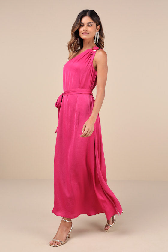 Goddess Aura Fuchsia Satin One-Shoulder Maxi Dress