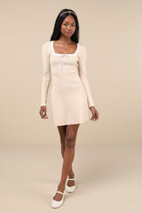 Definitely Sweet Beige Scalloped Long Sleeve Mini Sweater Dress
