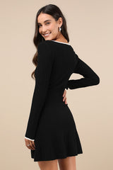 Cute Simplicity Black Textured Mini Sweater Dress