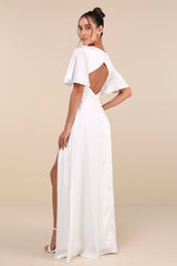 Elegant Confidence White Satin Flutter Sleeve Cutout Maxi Dress