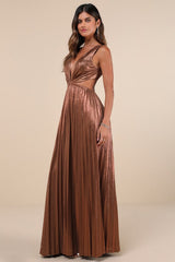 Shining Luxury Bronze Metallic Lurex Cutout Maxi Dress
