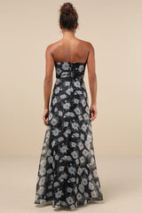 Chic Preciousness Black Floral Organza Bustier Maxi Dress