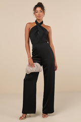 Beyond Classy Black Satin Halter Wide-Leg Jumpsuit