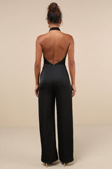 Beyond Classy Black Satin Halter Wide-Leg Jumpsuit