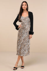 Beyond Confident Leopard Print Satin Slip Dress and Shrug Set