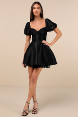 Enchanting Presence Black Taffeta Lace Puff Sleeve Mini Dress