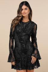 Darling Era Black Lace Applique Long Sleeve Ruffled Mini Dress