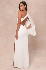 Majestic Attitude White Cape Sleeve One-Shoulder Maxi Dress