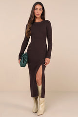 Refined Attitude Brown Ribbed Side Button Midi Sweater Dress