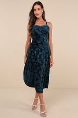 Considered Glamour Dark Teal Crushed Velvet Buster Midi Dress