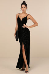Stunning Invitation Black Velvet Ruched Sleeveless Maxi Dress