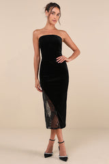 Feeling So Luxe Black Velvet Mesh Sequin Strapless Midi Dress